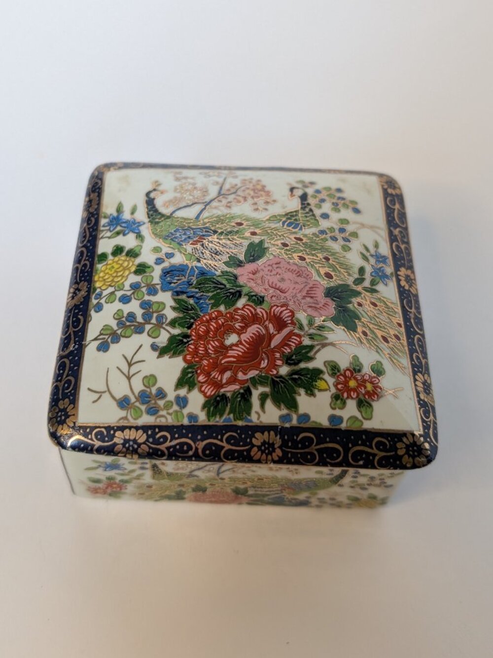 Vintage Trinket Box Porcelain Hand Painted Peacocks Peones Japanese Gold Blue